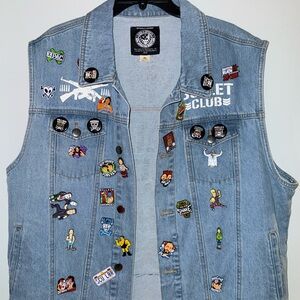 Stylish Light Blue Denim Vest with Unique Pins custom battle vest WWE
